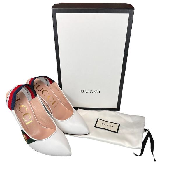 Gucci Sylvie Web Stripe Slingback Pumps White EU 38.5 US 8.5 - Picture 2 of 12